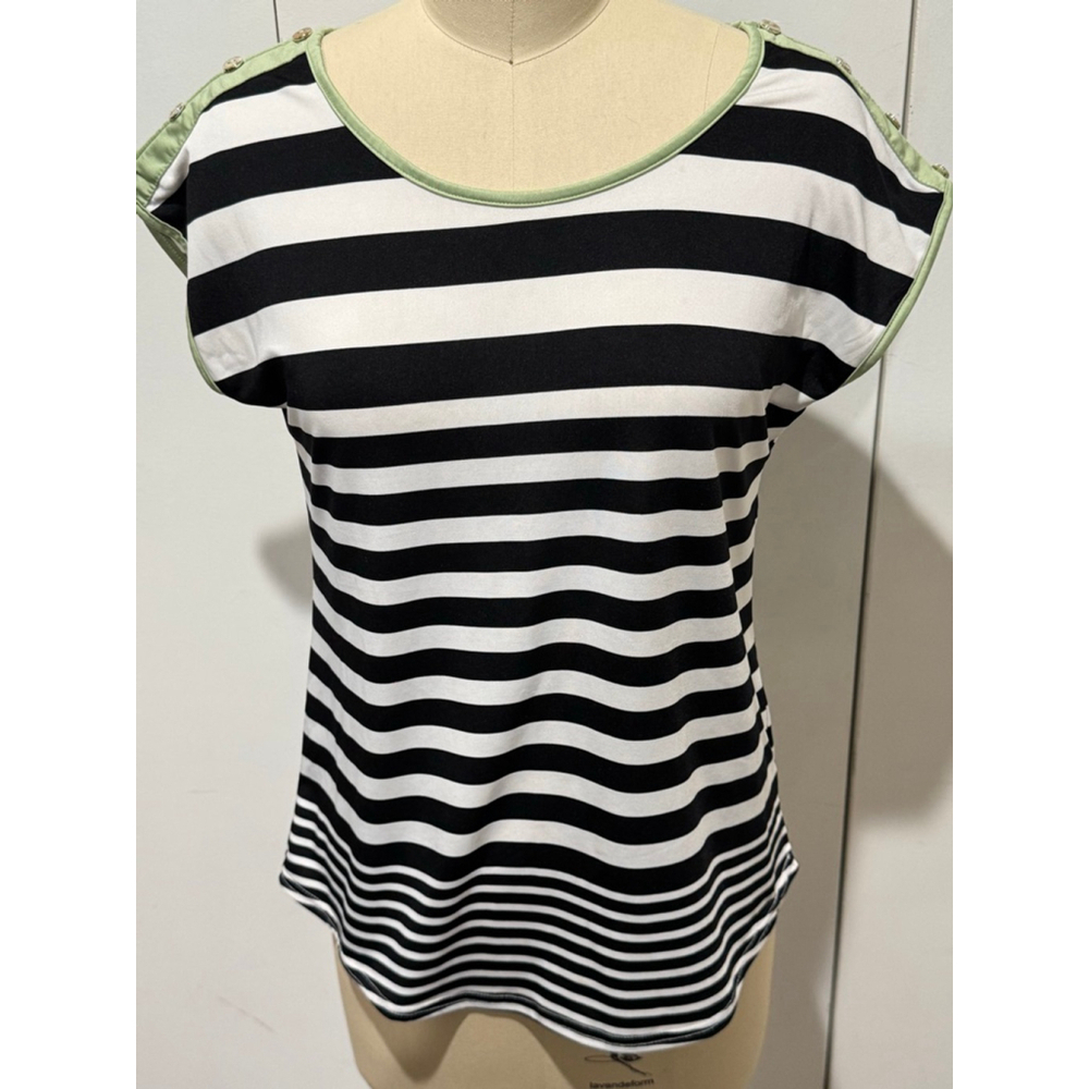 Women's MINE Black & White Striped Short Sleeve smooth knit stretch top S